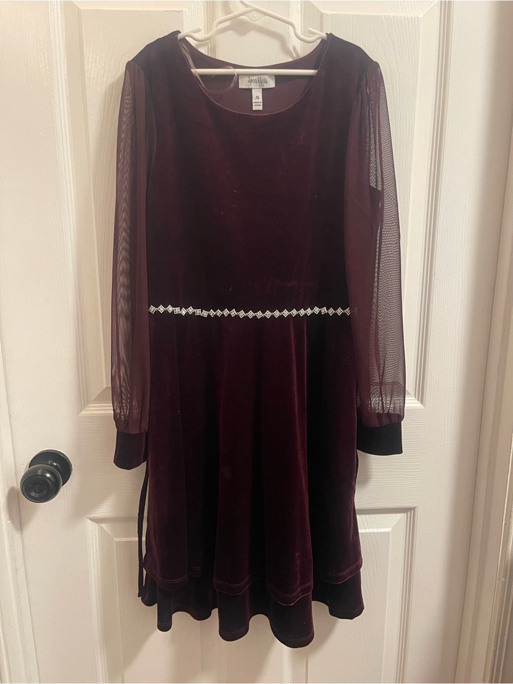 Speechless Girls Burgundy Velvet Dress with Sheer Sleeves